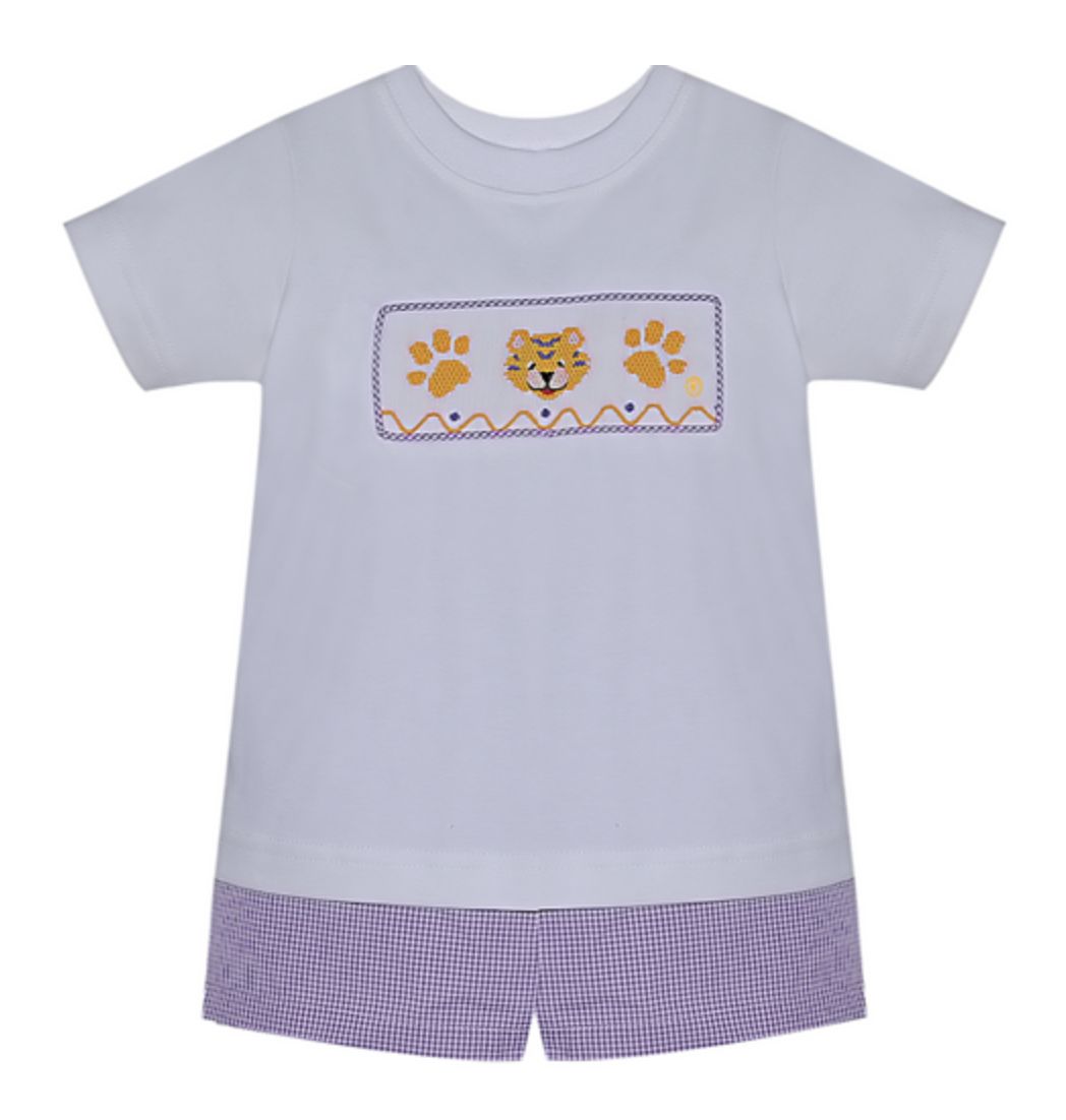 PURPLE &amp; GOLD SMOCKED BOY SHORT SET