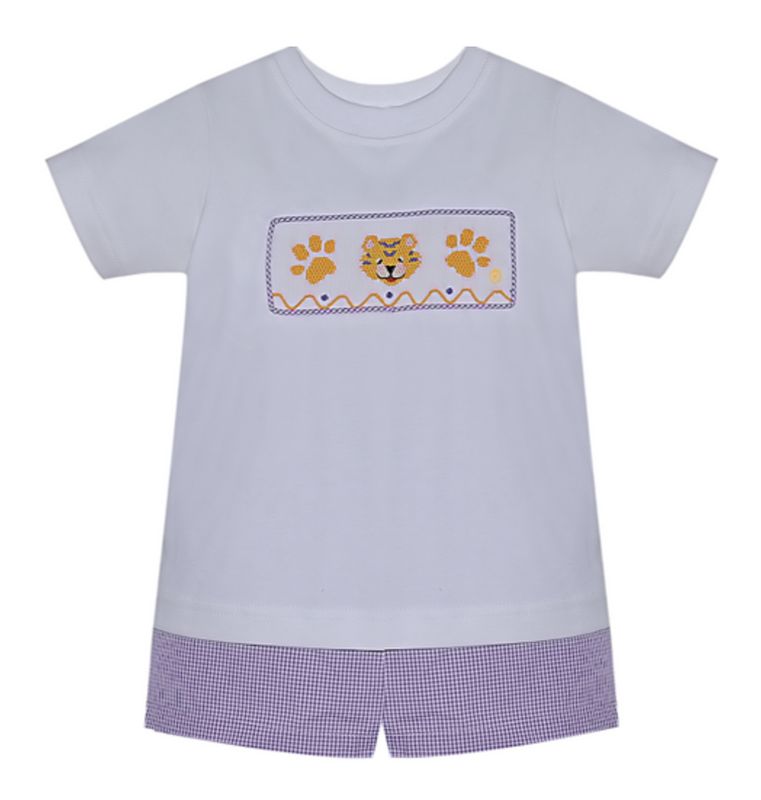 PURPLE &amp; GOLD SMOCKED BOY SHORT SET