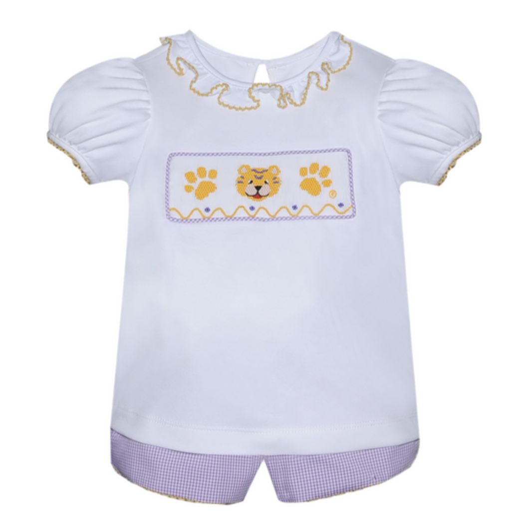 PURPLE &amp; GOLD SMOCKED GIRL BLOOMER SET