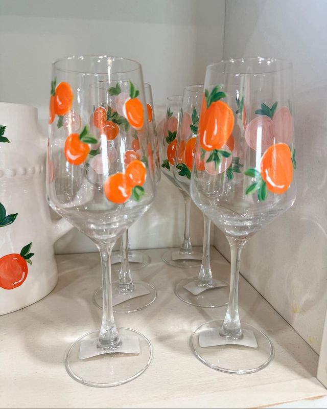 HAND PAINTED ORANGE STEMMED WINE GLASS