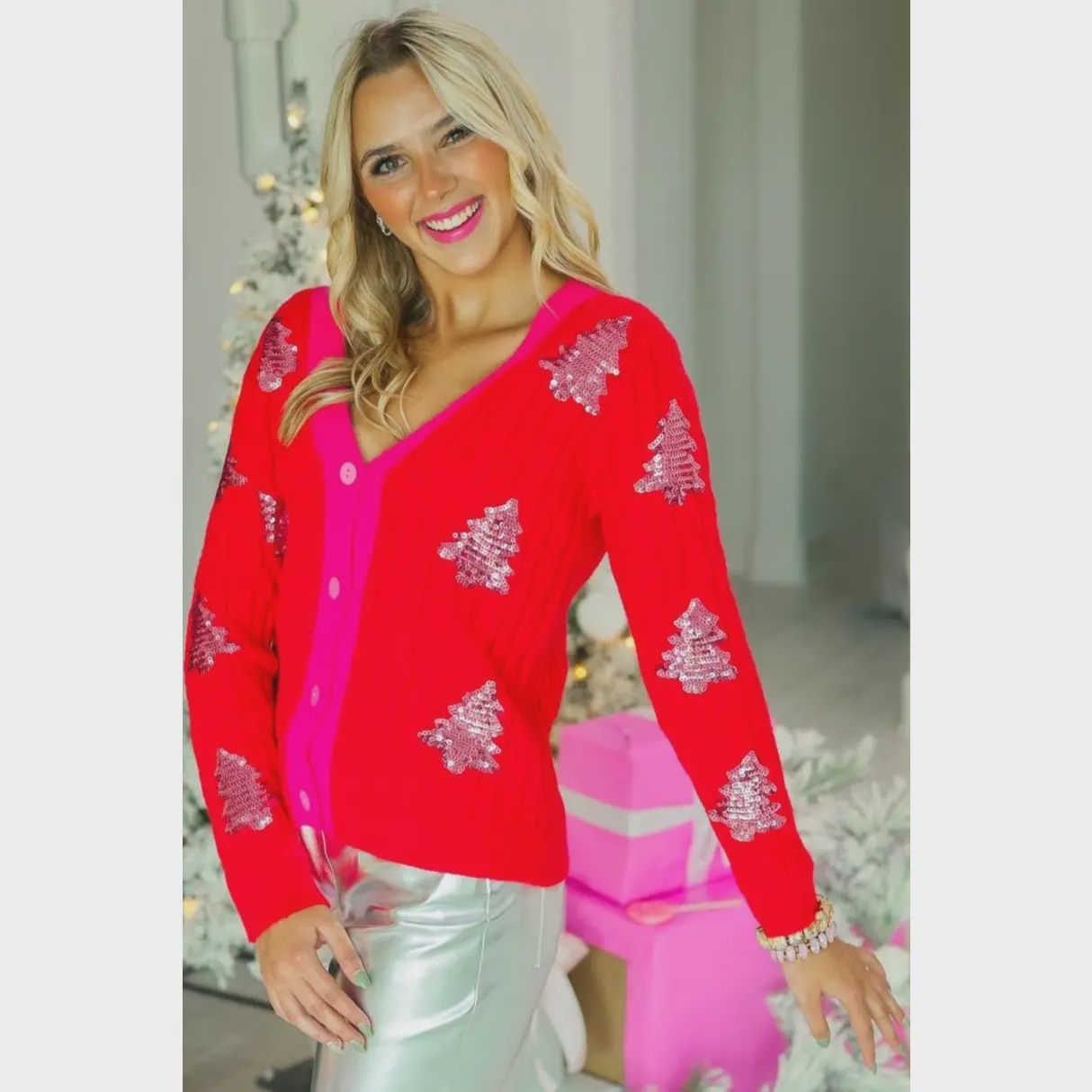 CHRISTMAS TREES SEQUIN CARDIGAN