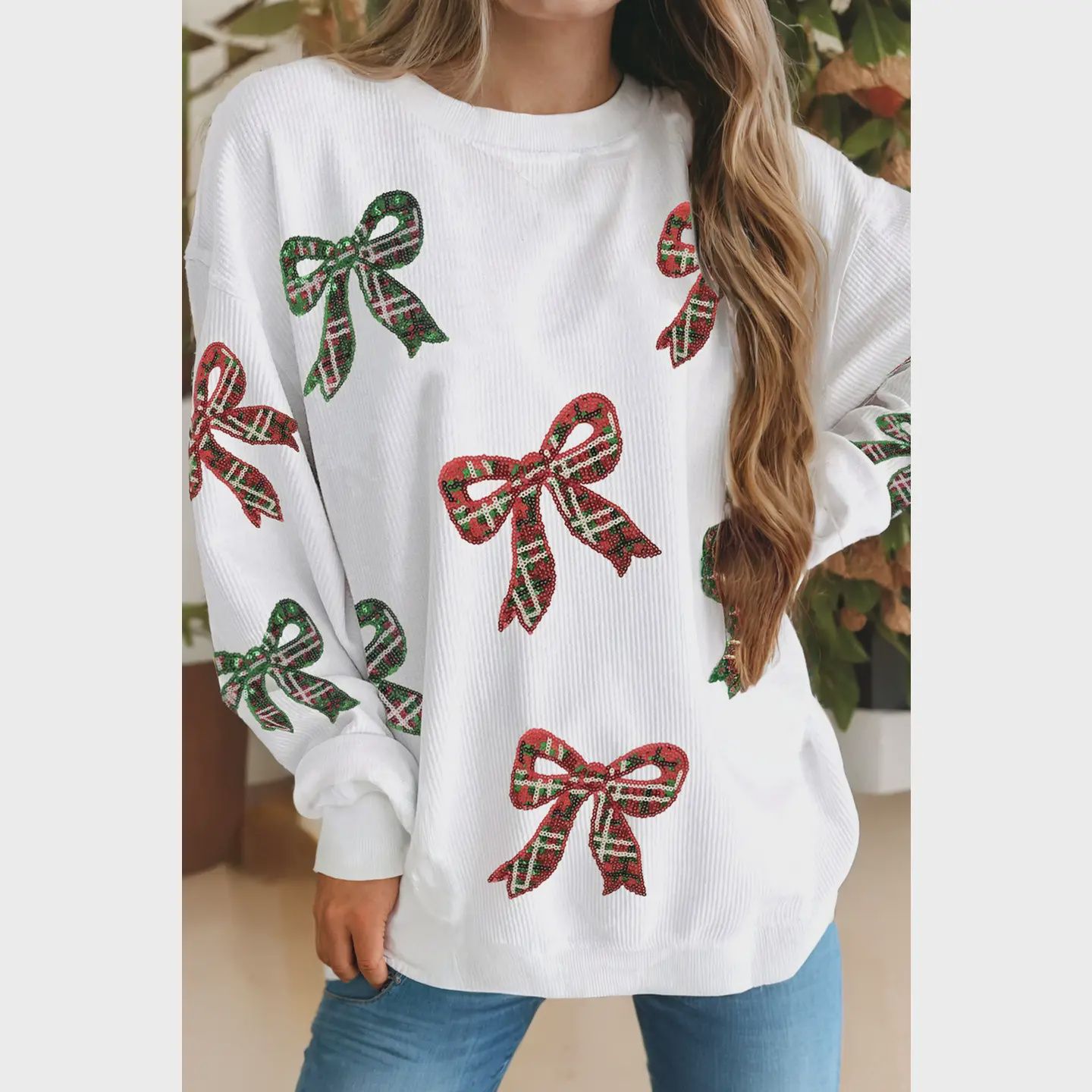 PLAID BOW CORDED SWEATSHIRT