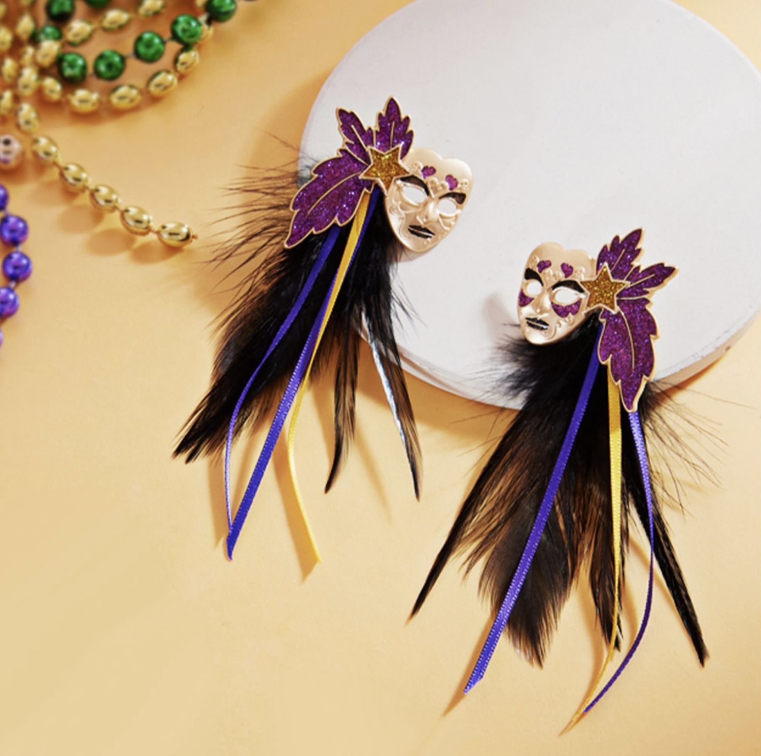 MARDI GRAS MASQUERADE FEATHER EARRINGS