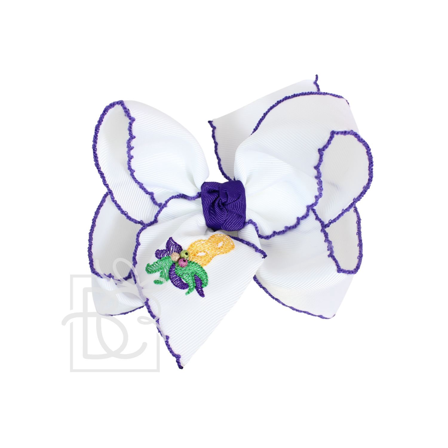 EMBROIDERED MARDI GRAS MASK CROCHET EDGE BOW- 5.5&quot;