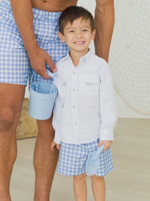 PERIWINKLE BLUE GINGHAM SWIM TRUNKS