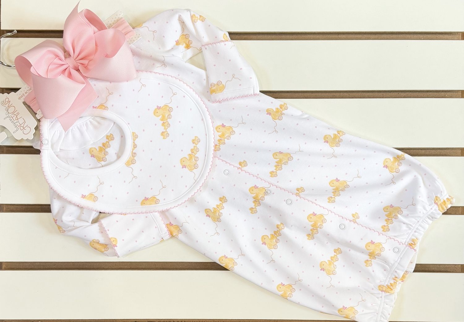 PINK DUCKS PRINT CONVERTER GOWN &amp; BIB