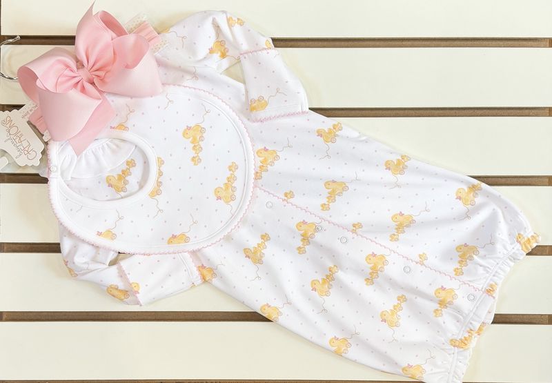 PINK DUCKS PRINT CONVERTER GOWN &amp; BIB