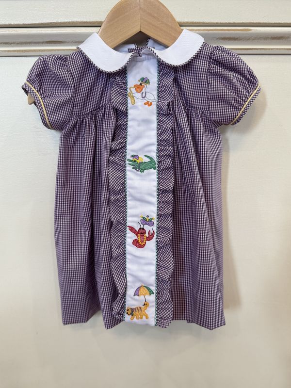 GINGHAM MARDI GRAS ANIMAL EMBROIDERY DRESS- INFANT