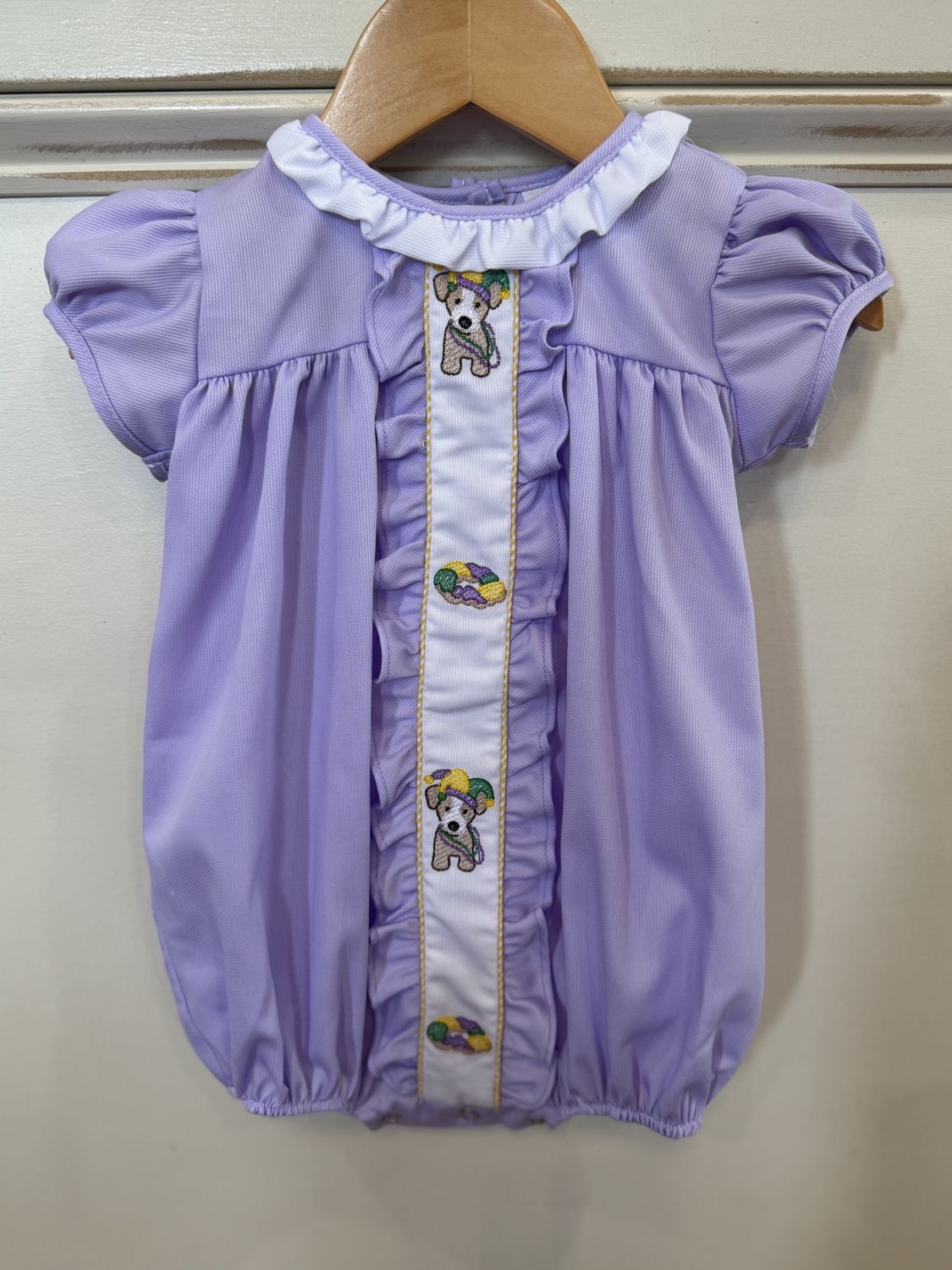 MARDI GRAS PUPPY &amp; CAKE EMBROIDERY RUFFLE BUBBLE