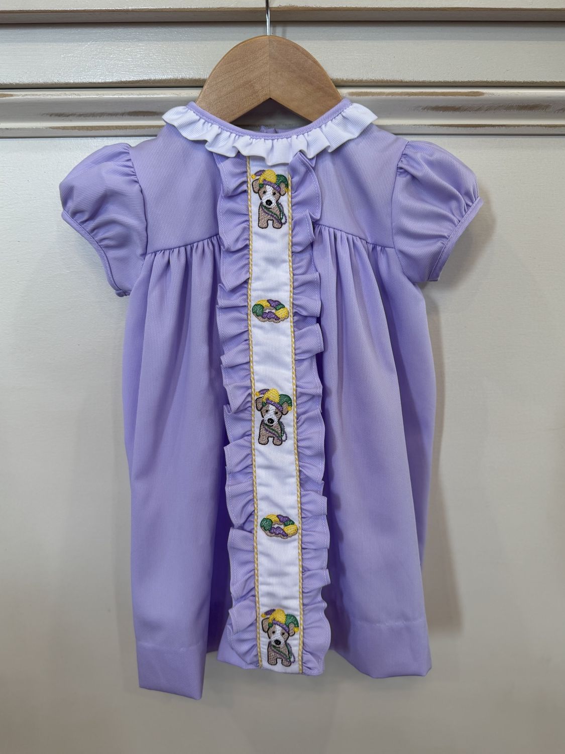 MARDI GRAS PUPPY &amp; CAKE EMBROIDERY RUFFLE DRESS