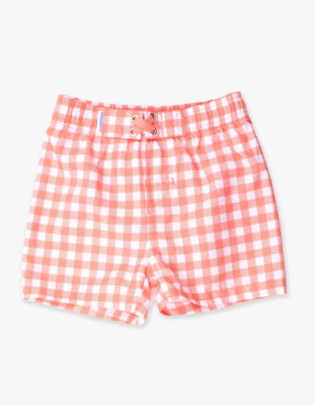 CORAL GINGHAM SWIM TRUNKS