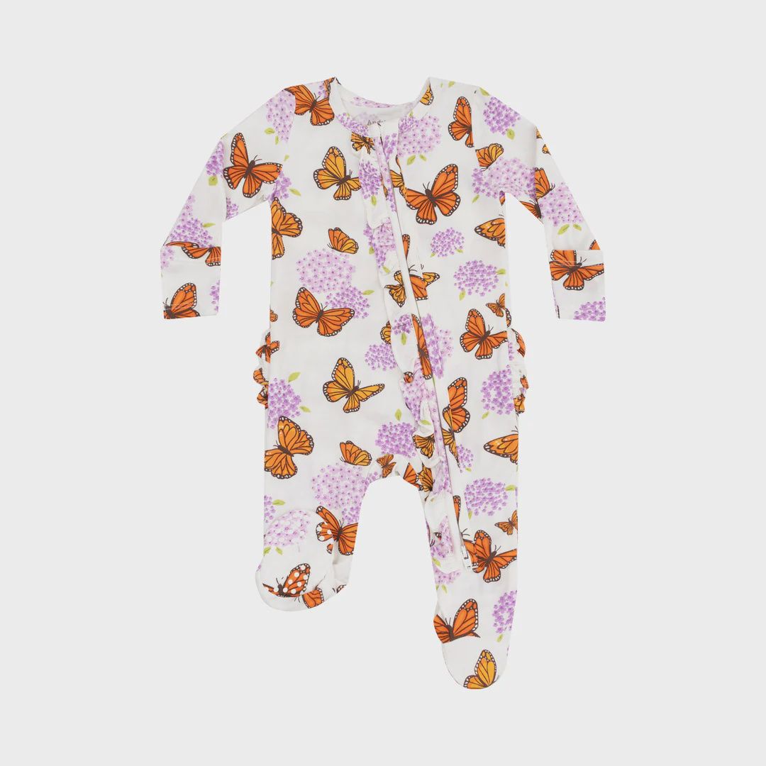 MONARCH BUTTERFLIES &amp; MILKWEED 2-WAY RUFFLE ZIPPER FOOTIE
