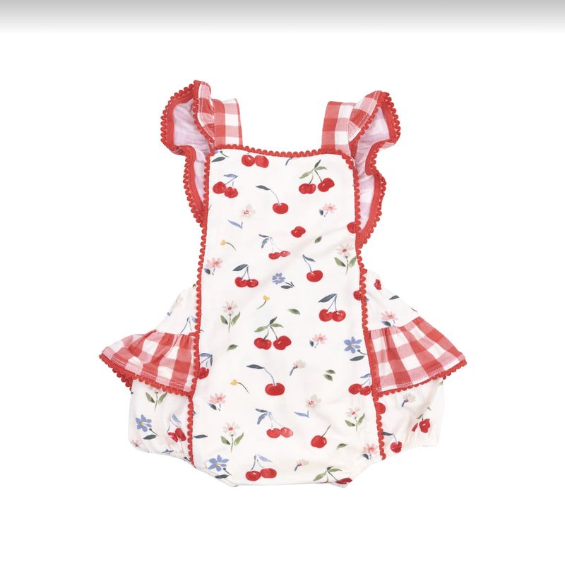 WATERCOLOR CHERRIES + GINGHAM RIC-RAC RUFFLE SUNSUIT