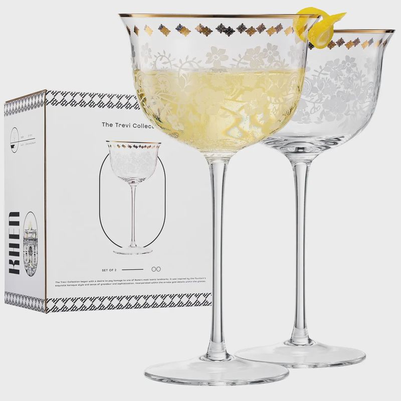 VINTAGE FLOWER LEAF DECAL CHAMPAGNE COUPE | SET OF 2