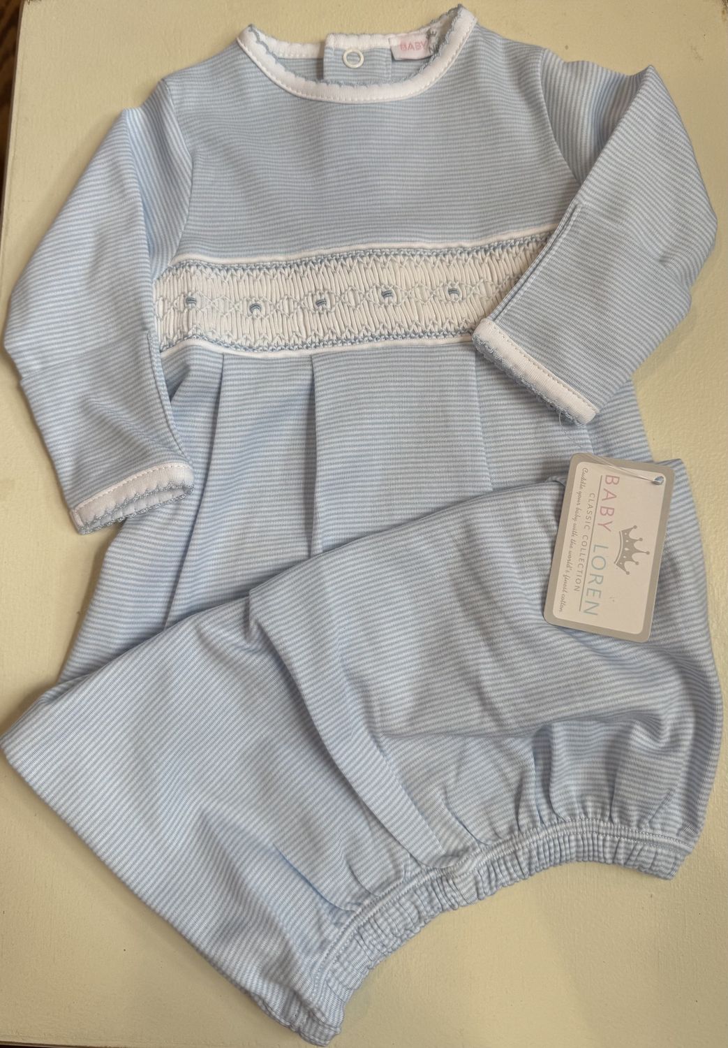 TIM BLUE STRIPES HAND SMOCKED PIMA GOWN
