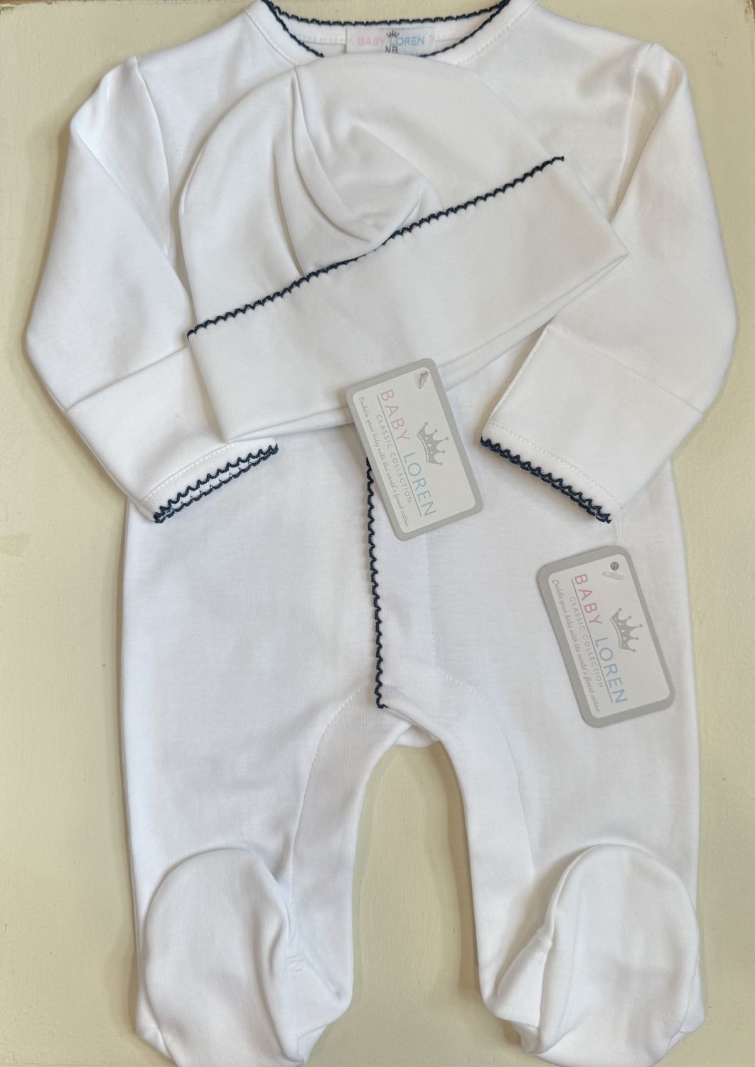 WHITE PIMA FOOTIE W/ NAVY BLUE TRIM