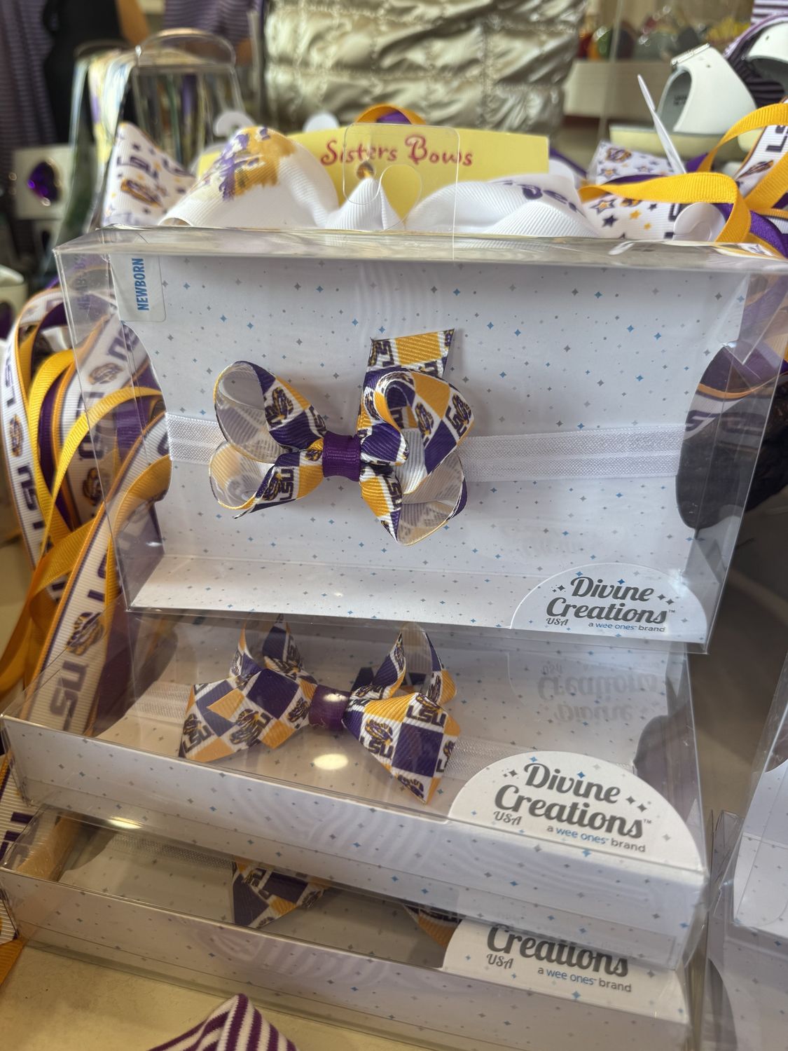 MINI LSU CHECKERBOARD PRINT BOW HEADBAND IN GIFT BOX