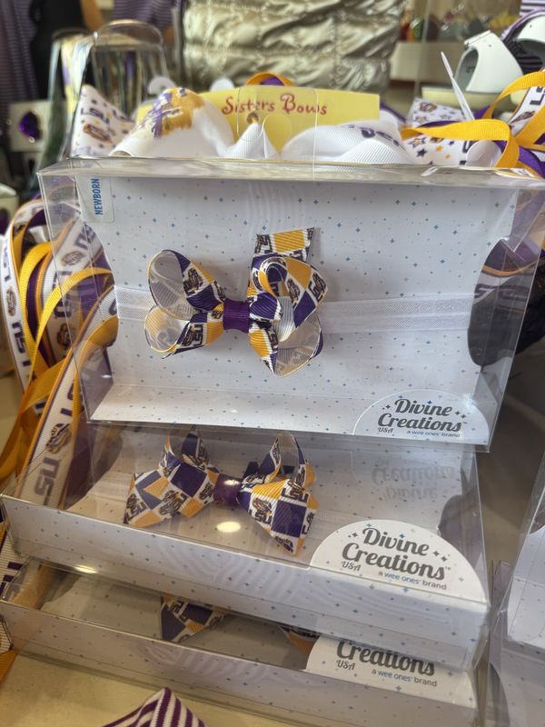 MINI LSU CHECKERBOARD PRINT BOW HEADBAND IN GIFT BOX