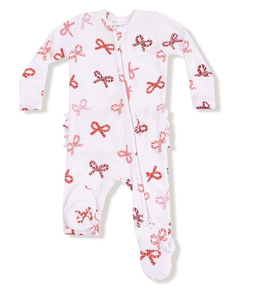 CANDY CANE BOWS 2-WAY ZIPPER RUFFLE BACK FOOTIE
