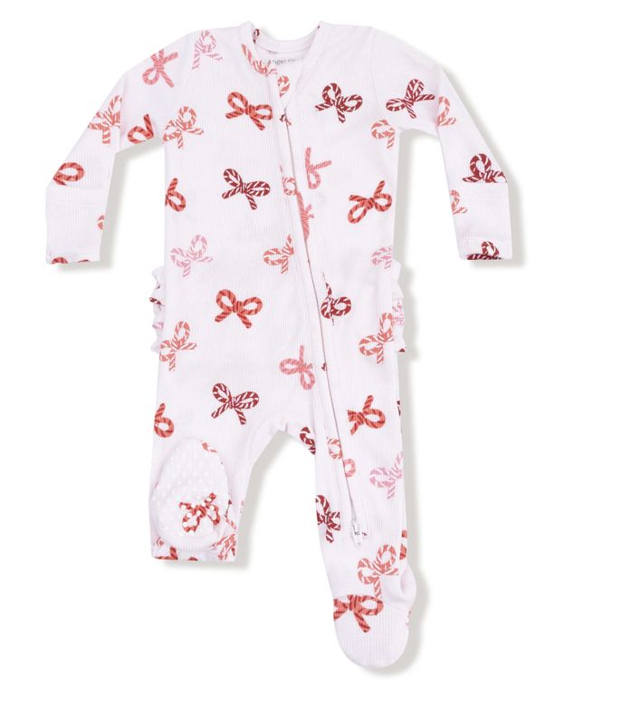 CANDY CANE BOWS 2-WAY ZIPPER RUFFLE BACK FOOTIE