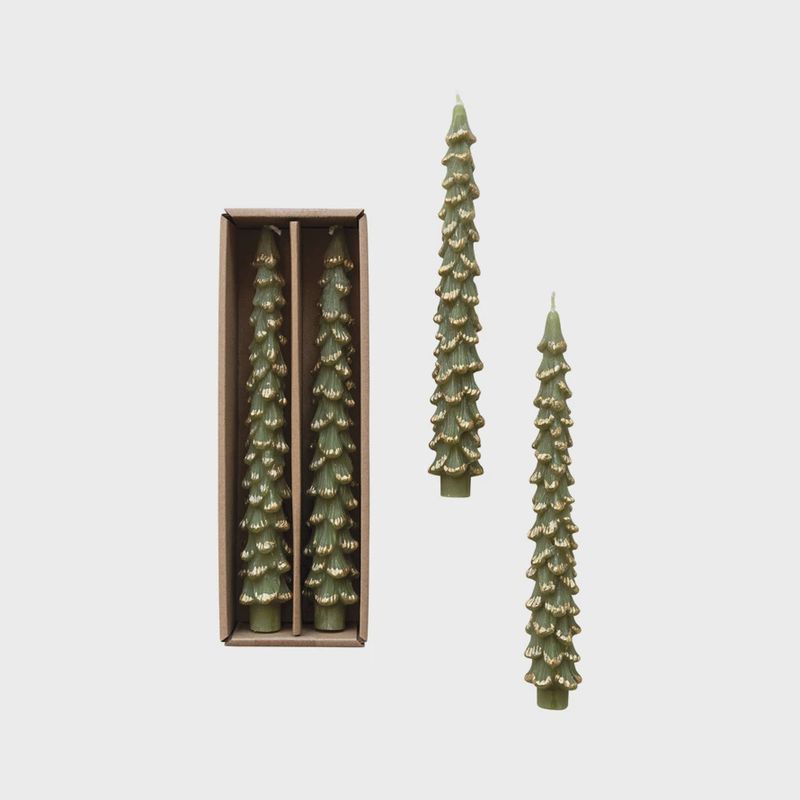 UNSCENTED EVERGREEN TREE TAPER CANDLES- SET OF 2