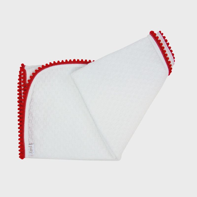 RECEIVING BLANKET W/ RED POM TRIM