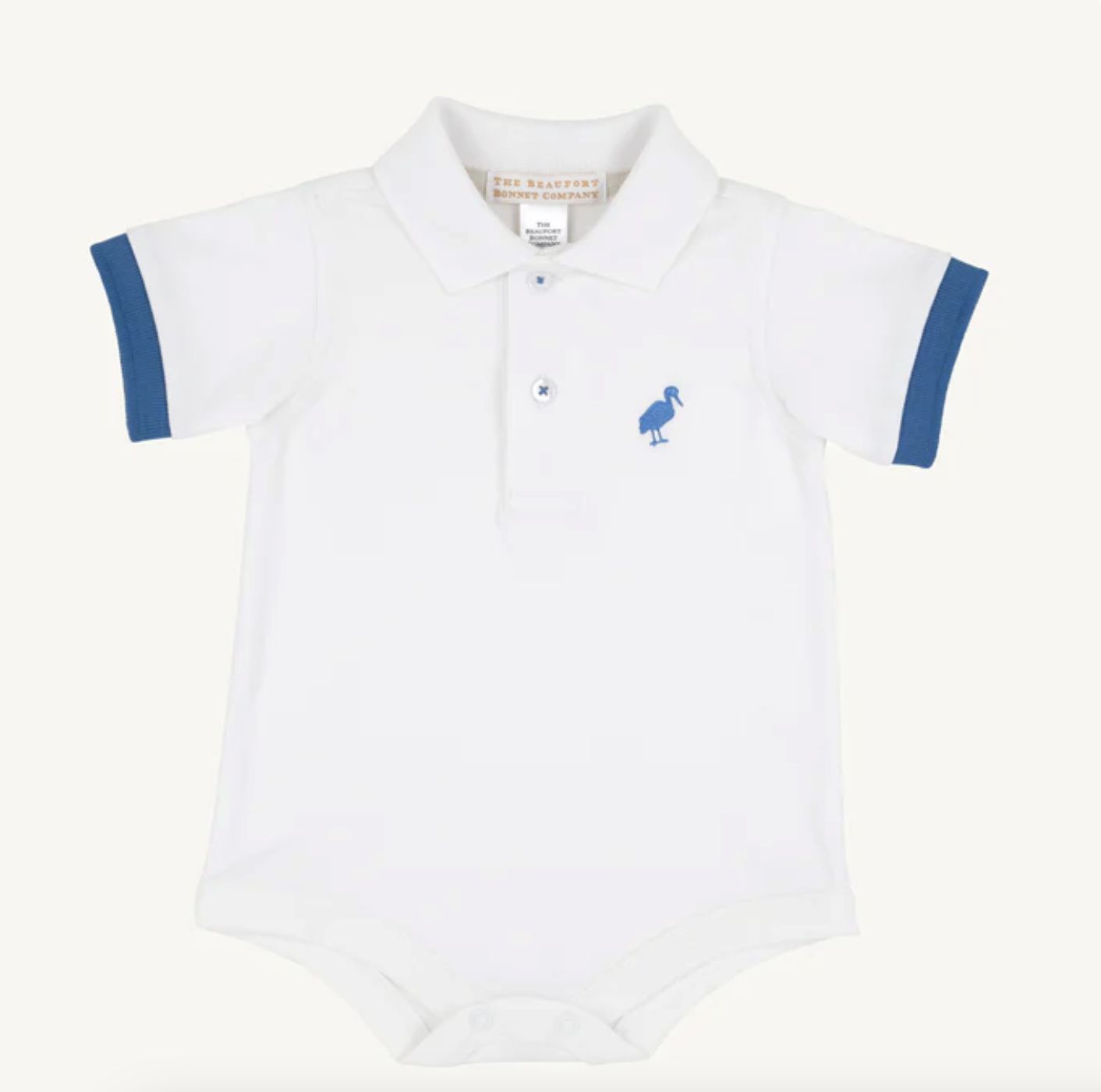 PRIM &amp; PROPER ONESIE, COLOR: WHITE WITH WOOD BOAT BLUE, Size: 0-6M