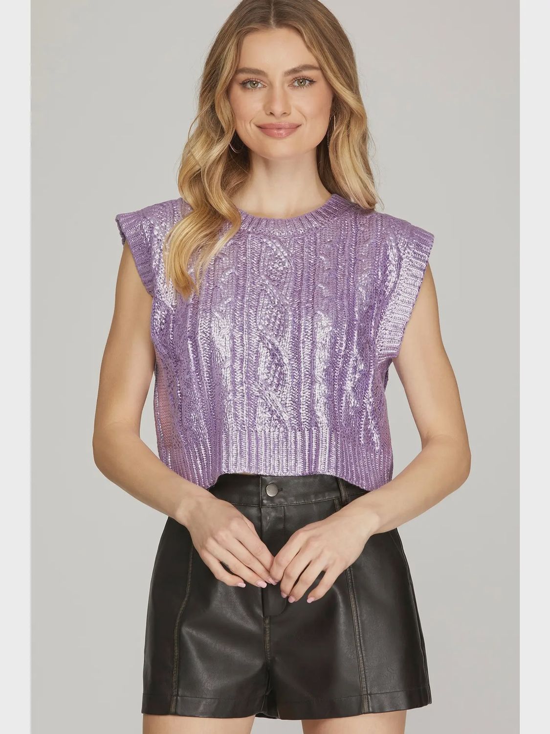 SLEEVELESS METALLIC CROPPED SWEATER- LILAC