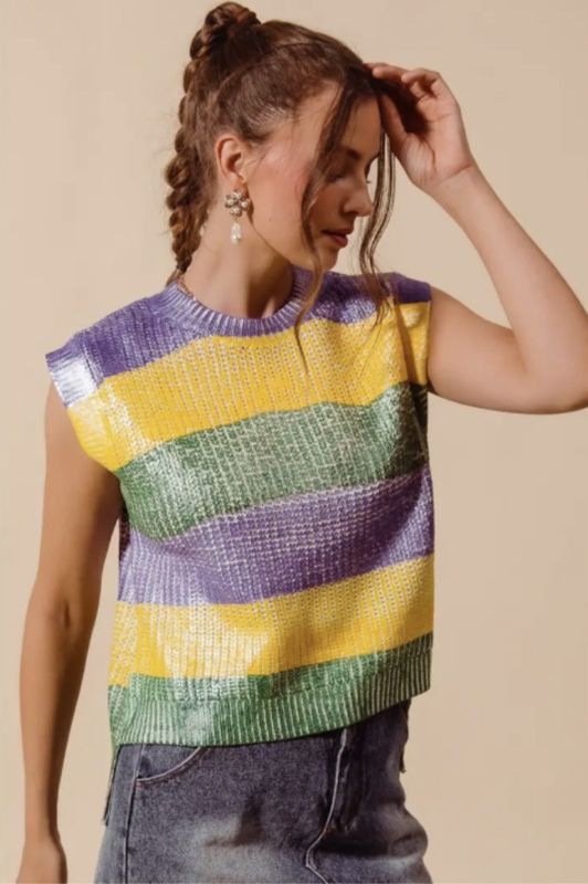METALLIC MARDI GRAS STRIPE SWEATER