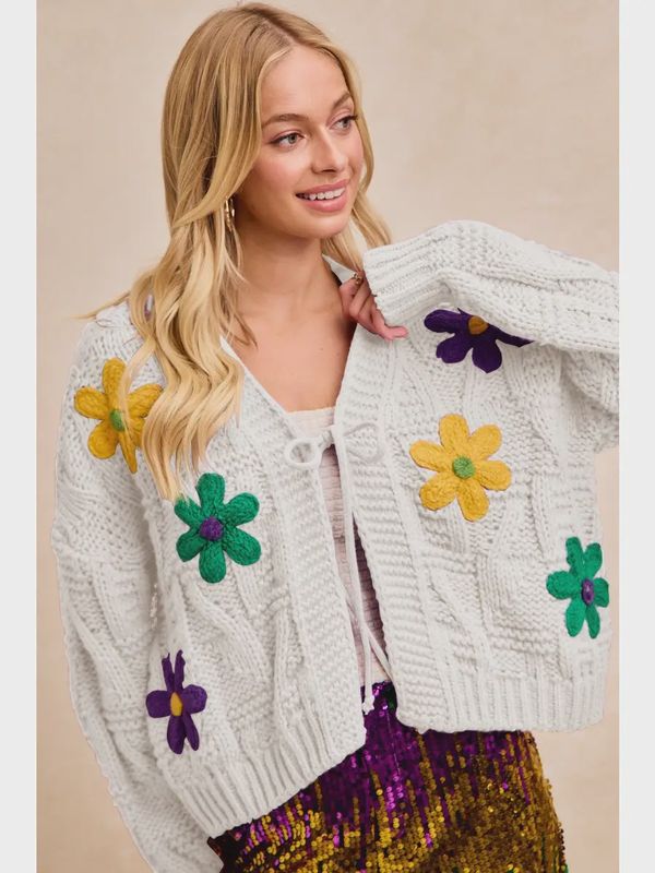 MARDI GRAS FLOWER PATCH CARDIGAN
