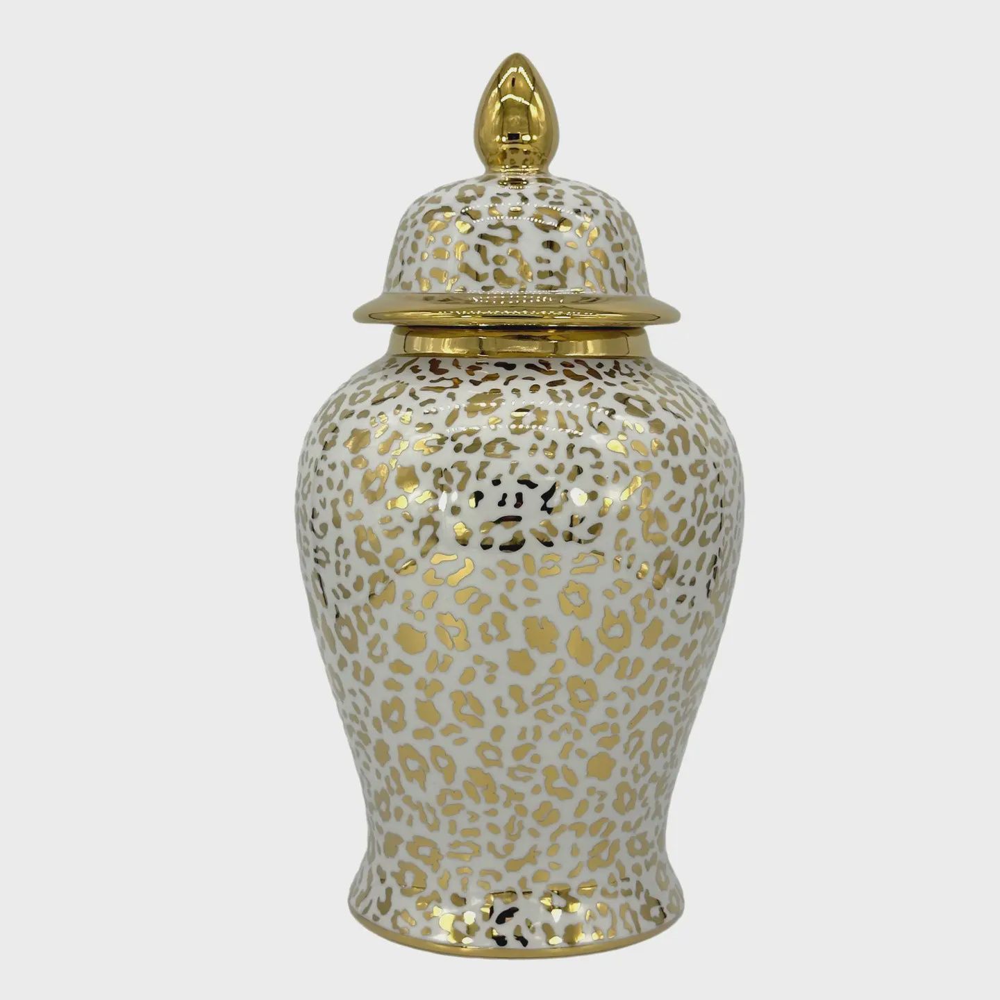 GOLD &amp; WHITE LEOPARD CHINOISERIE CERAMIC JAR
