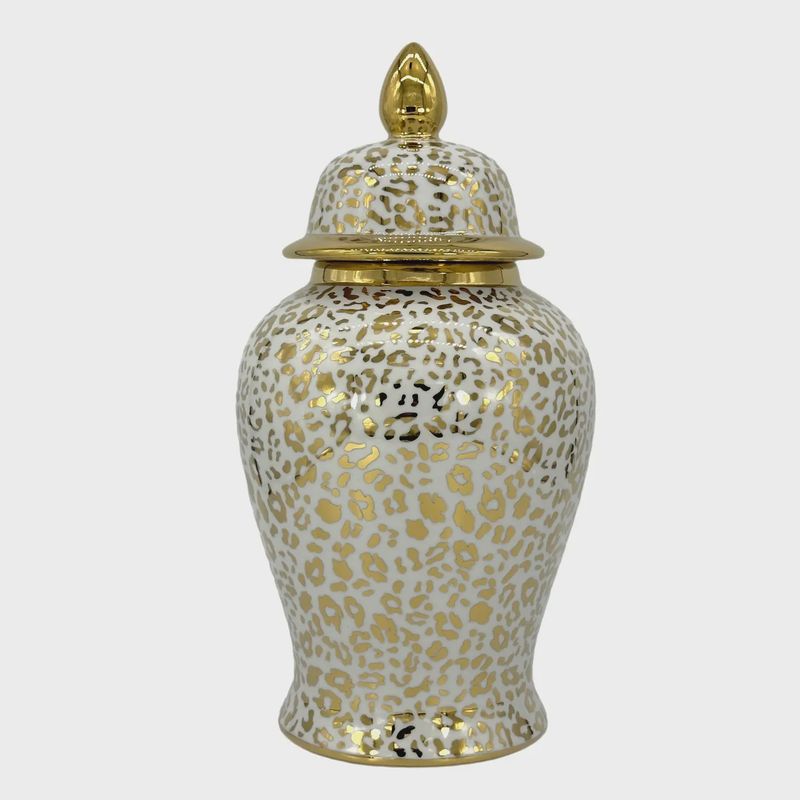 GOLD &amp; WHITE LEOPARD CHINOISERIE CERAMIC JAR