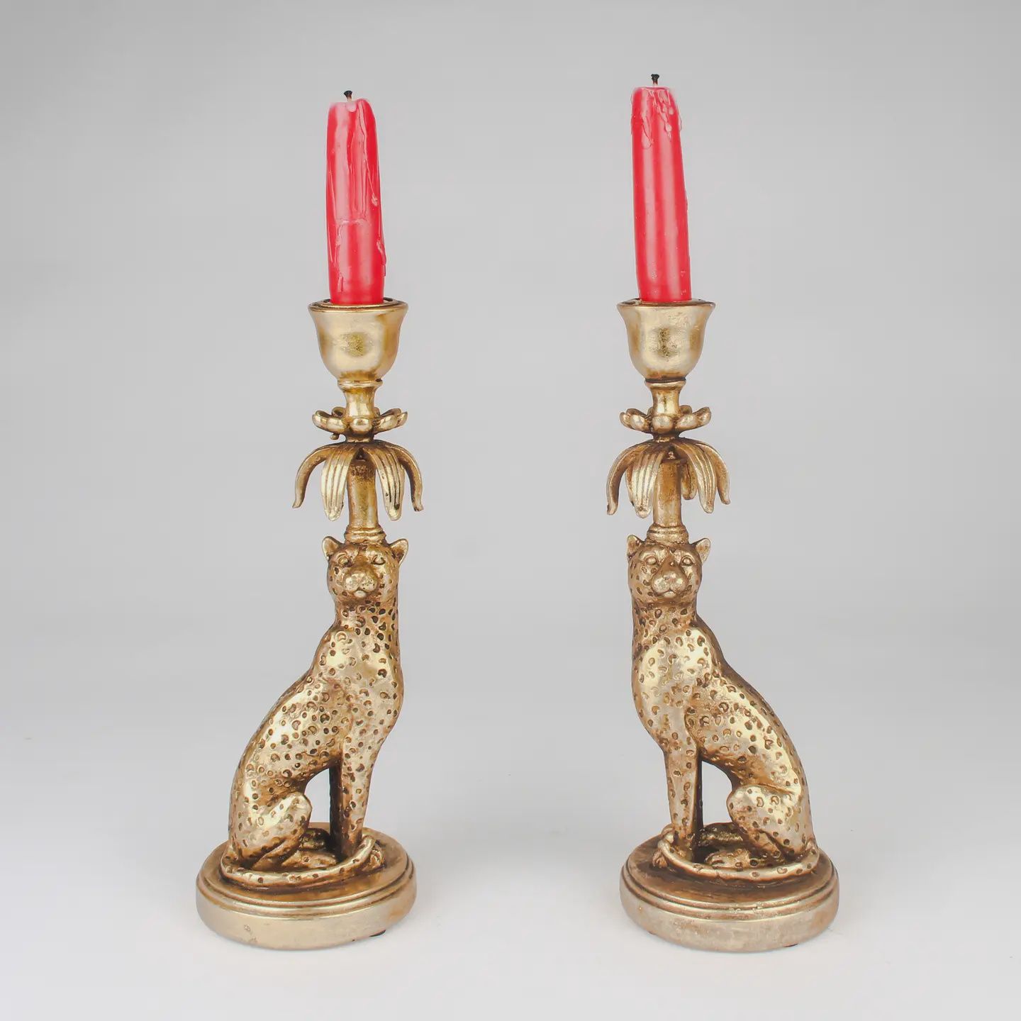 LEOPARD CANDLESTICK HOLDERS- REGAL ELEGANCE IN ANTIQUE GOLD SET OF 2