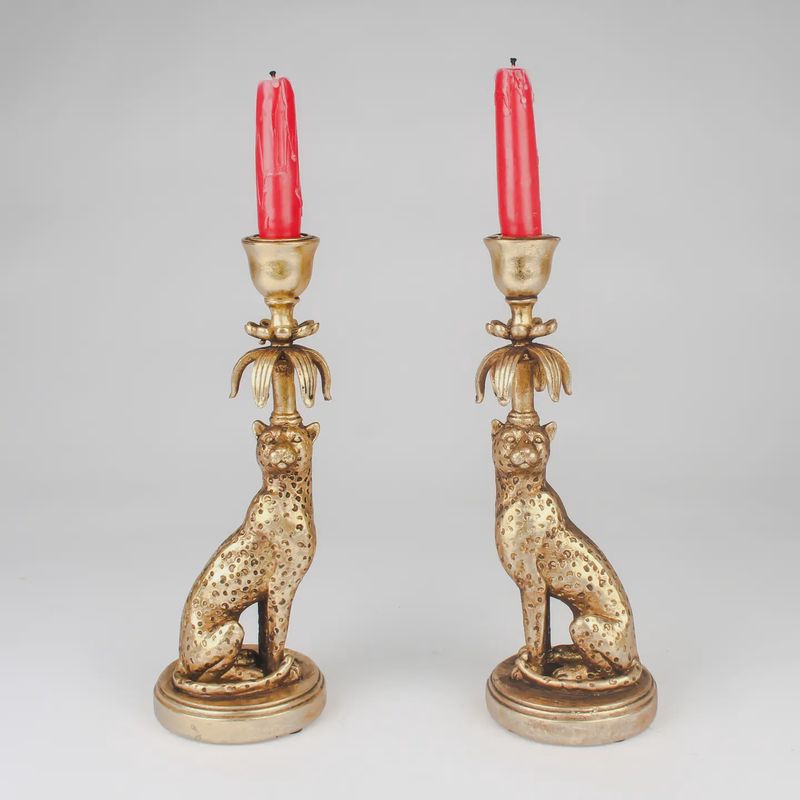 LEOPARD CANDLESTICK HOLDERS- REGAL ELEGANCE IN ANTIQUE GOLD SET OF 2