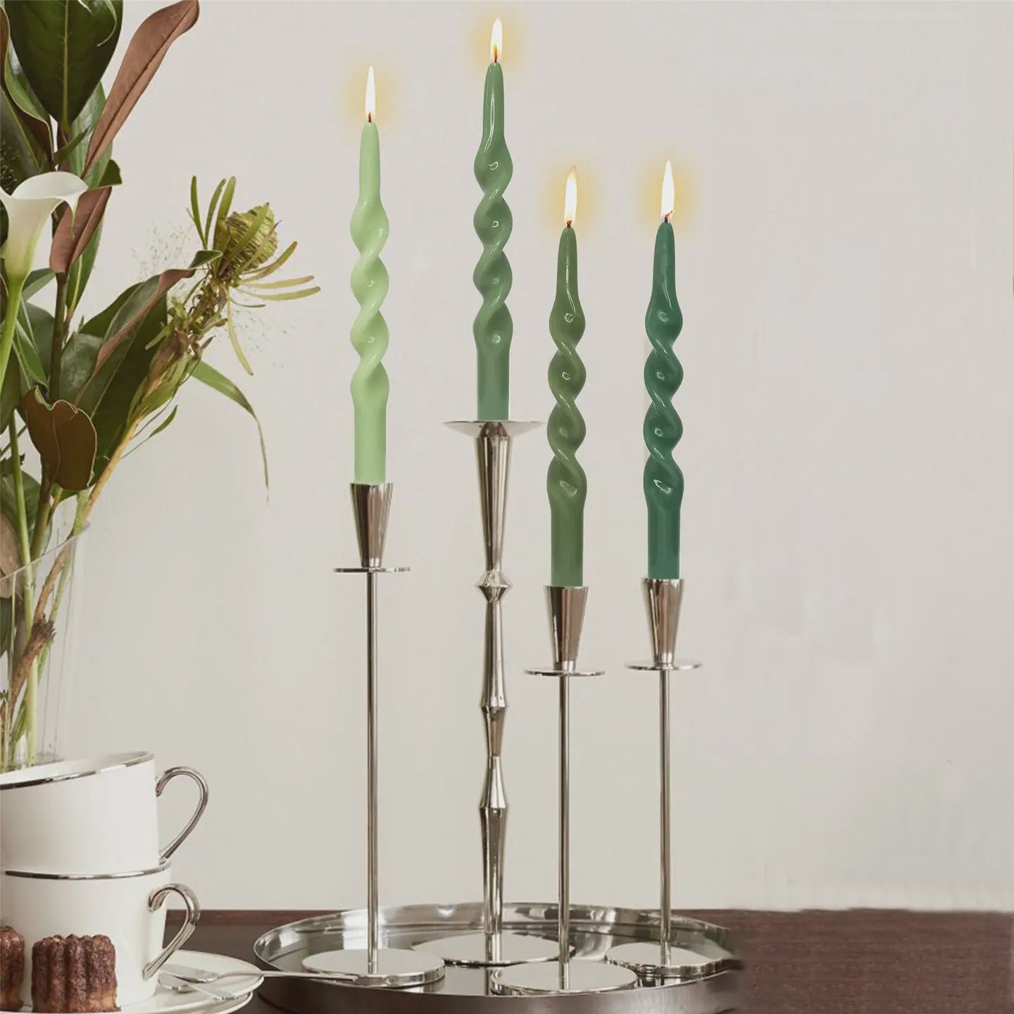 GREEN GRADIENT HANDMADE SPIRAL TAPER CANDLES- SET OF 4