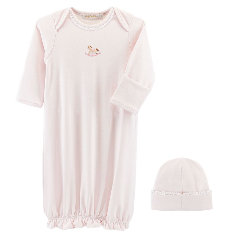 CUTE ROCKING HORSE- PINK GOWN W/ LACE TRIM &amp; HAT SET