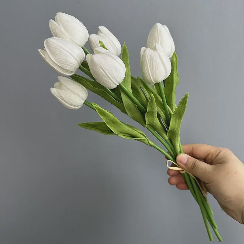 FAUX PU REAL TOUCH TULIP FLOWER BUNCH- WHITE SET OF 7