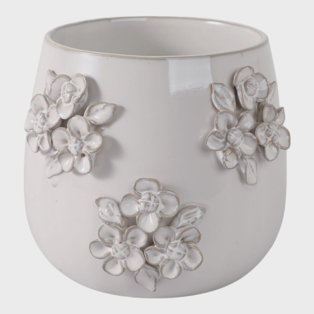 CERAMIC FLOWER BUNCHES APPLIQUE PLANTER - IVORY