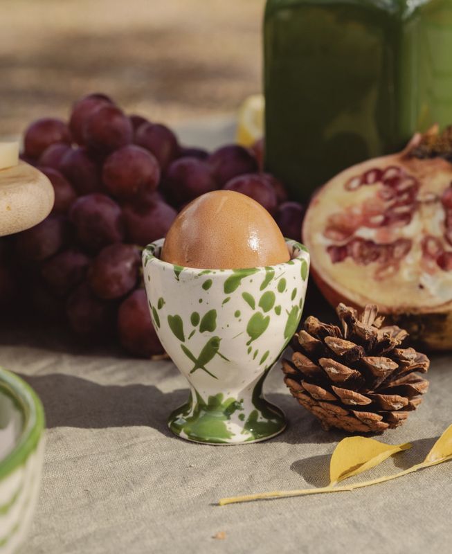 MOSS GREEN &amp; WHITE CERAMIC EGG CUP