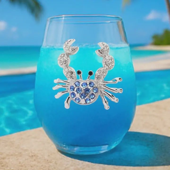 BLUE CRAB JEWELED STEMLESS WINE GLASS