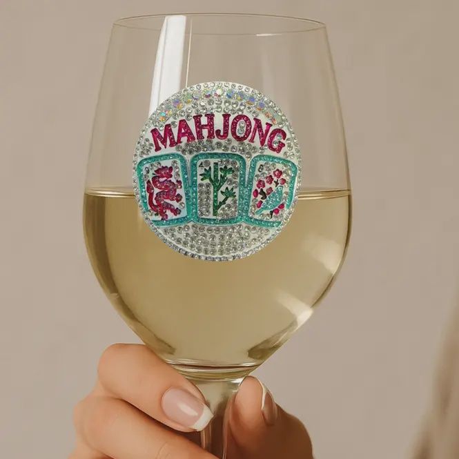 MAHJONG JEWELED STEMMED WINE GLASS