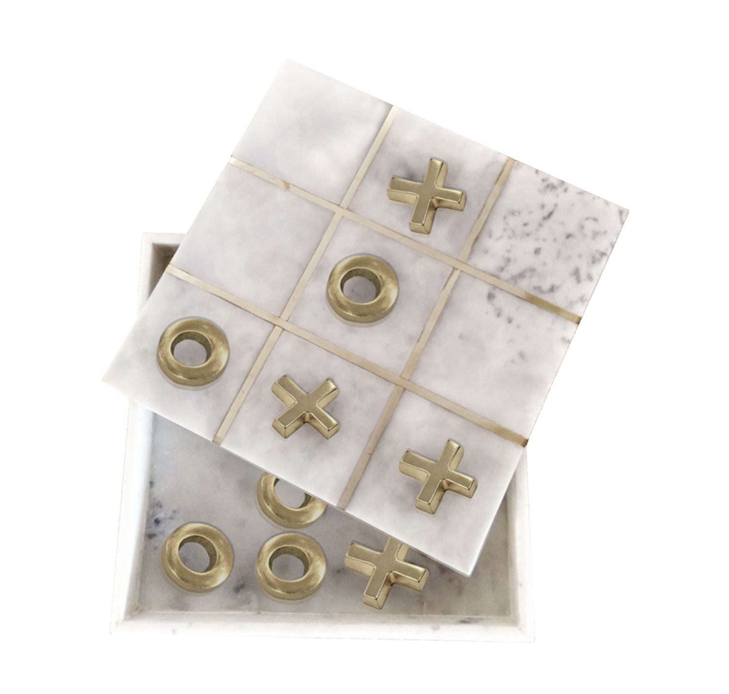 WHITE MARBLE TIC-TAC-TOE WITH BRASS INLAY