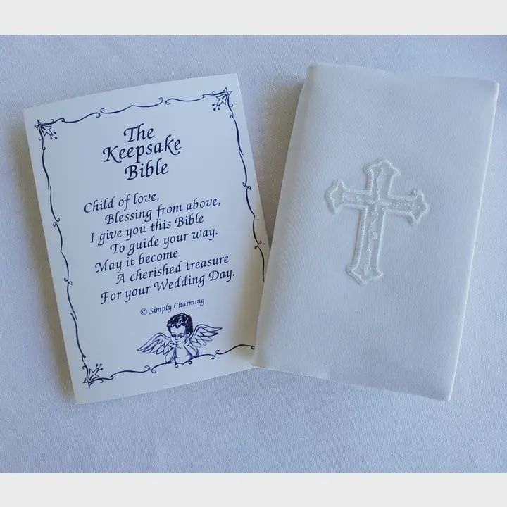 WHITE SATIN COVERED KEEPSAKE BABY BIBLE WITH CROSS