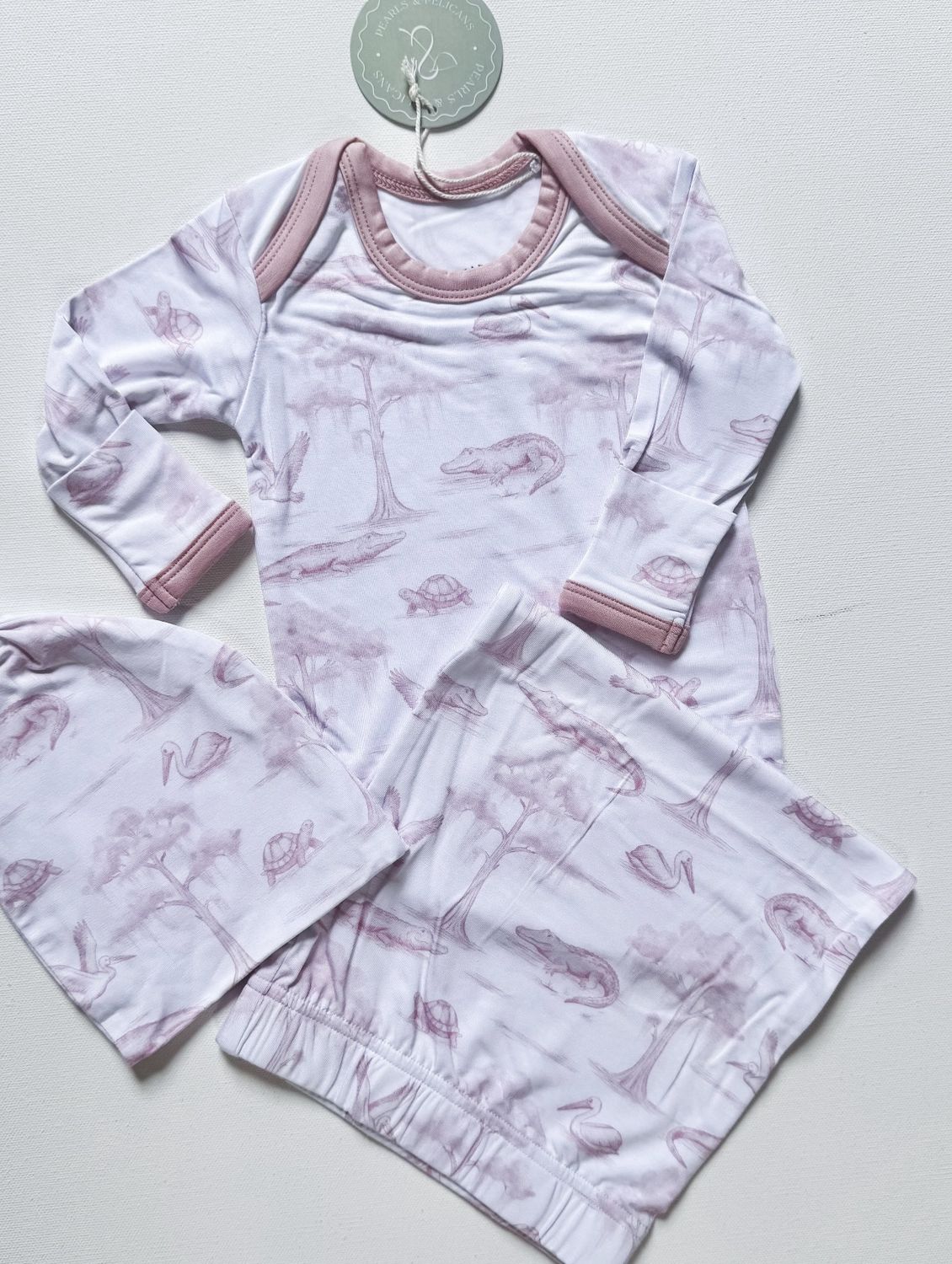 PINK BAYOU TOILE SLEEPY GOWN &amp; BEANIE HAT