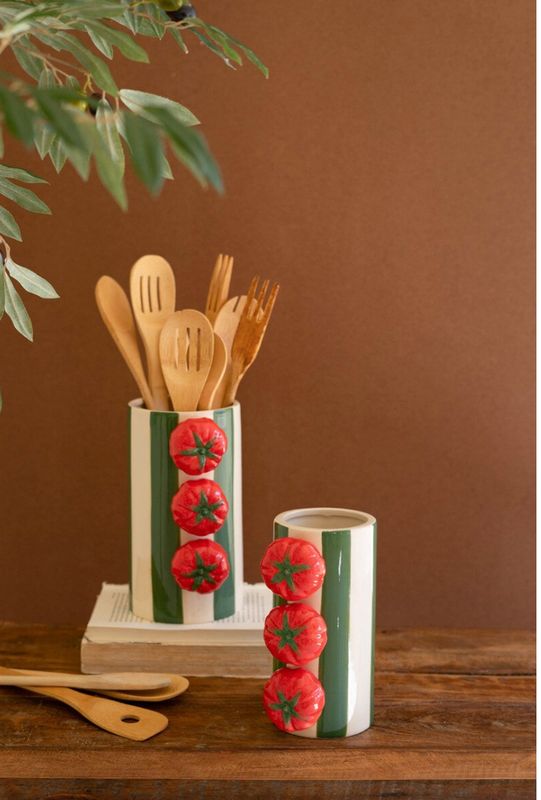 CERAMIC GREEN STRIPED VASES WITH TOMATOES - SMALL