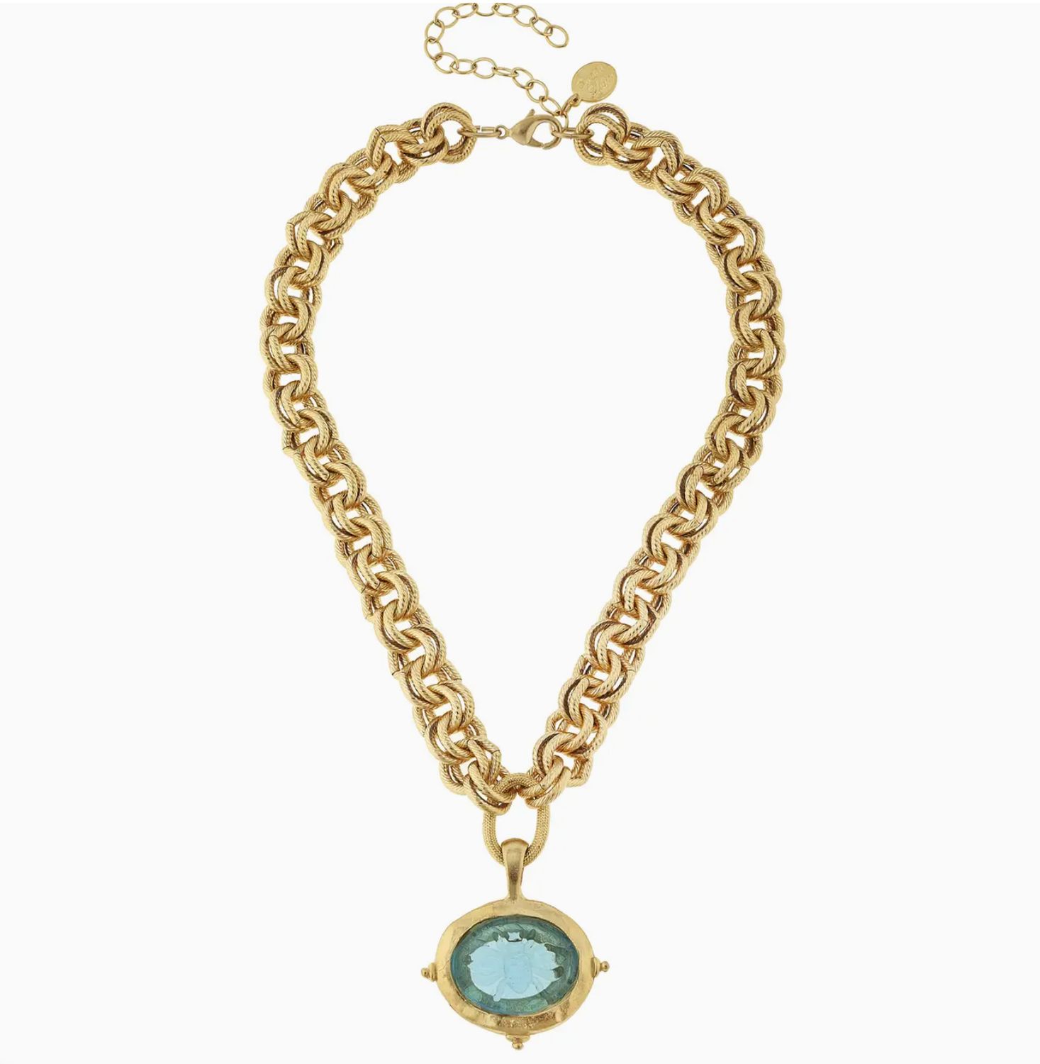 AQUA VENETIAN GLASS BEE INTAGLIO ON GOLD CHAIN NECKLACE