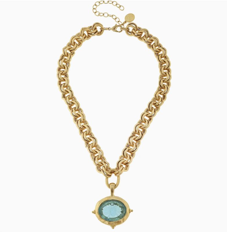 AQUA VENETIAN GLASS BEE INTAGLIO ON GOLD CHAIN NECKLACE