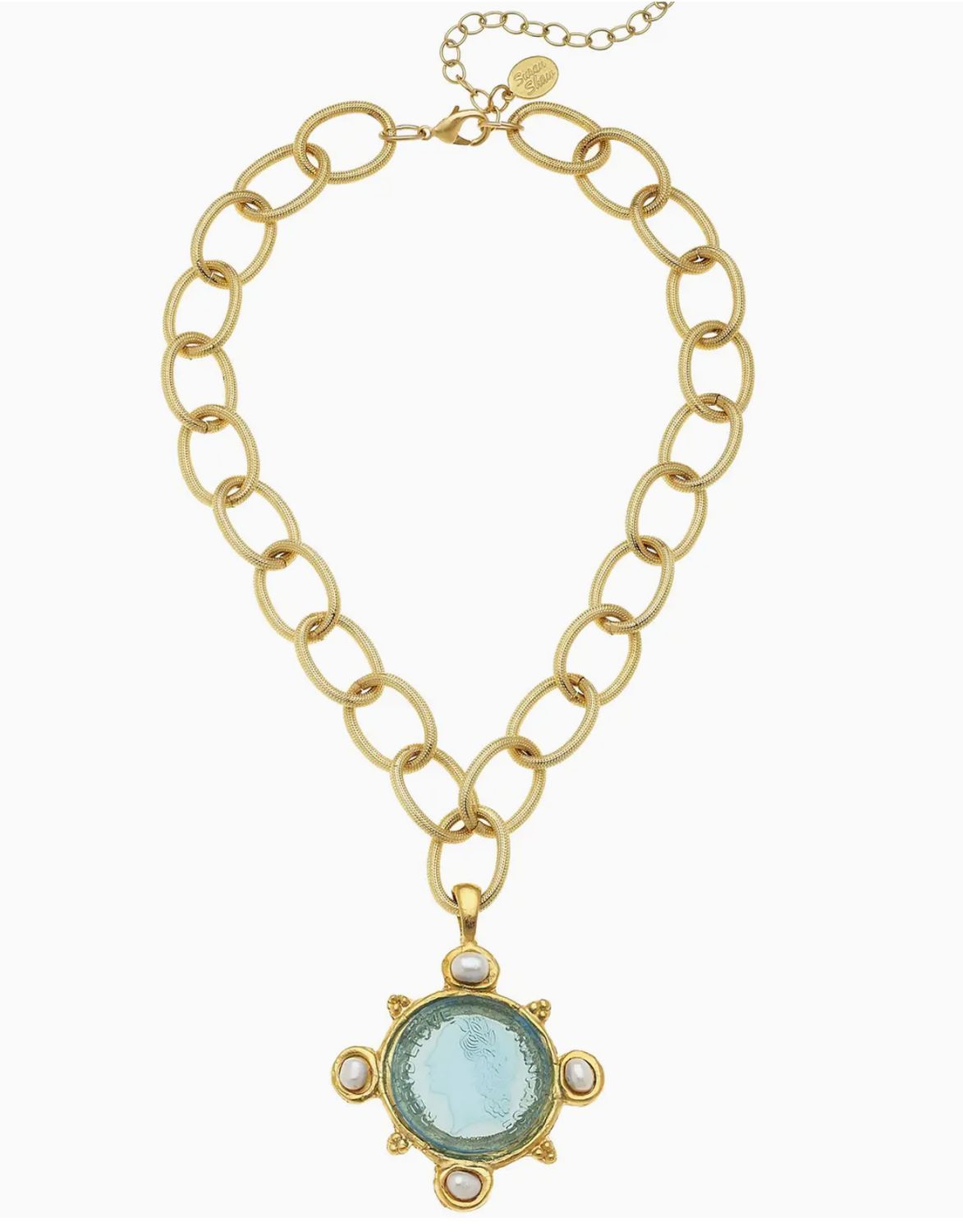 AQUA VENETIAN GLASS COIN INTAGLIO AND GENUINE FRESHWATER PEARLS ON CHAIN NECKLACE