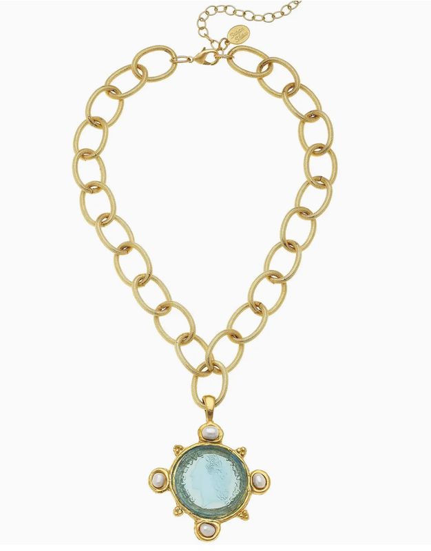 AQUA VENETIAN GLASS COIN INTAGLIO AND GENUINE FRESHWATER PEARLS ON CHAIN NECKLACE