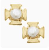 GOLD CROSS WITH GENUINE FRESHWATER PEARL PIERCED EARRINGS